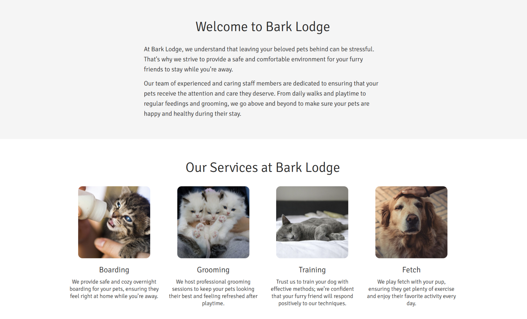 Bark Lodge services section featuring a grid of four services displayed below  with welcome text explaining Bark Lodge's pet care philosophy