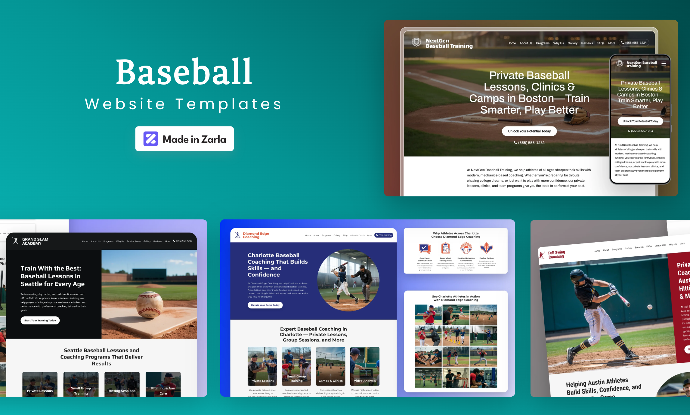 Collection of baseball website template created with Zarla