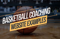 Image of a basketball on a court with overlaying text that reads "Basketball Coaching Website Examples"