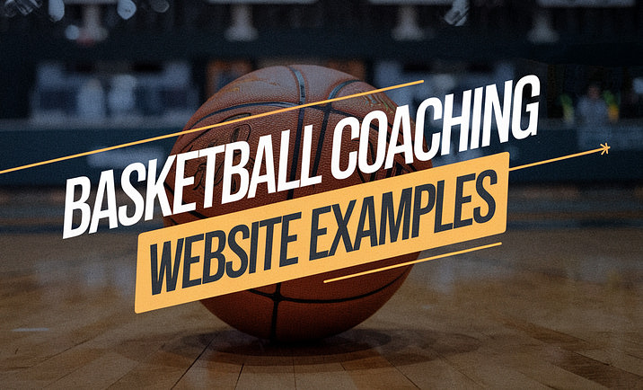 Image of a basketball on a court with overlaying text that reads "Basketball Coaching Website Examples"