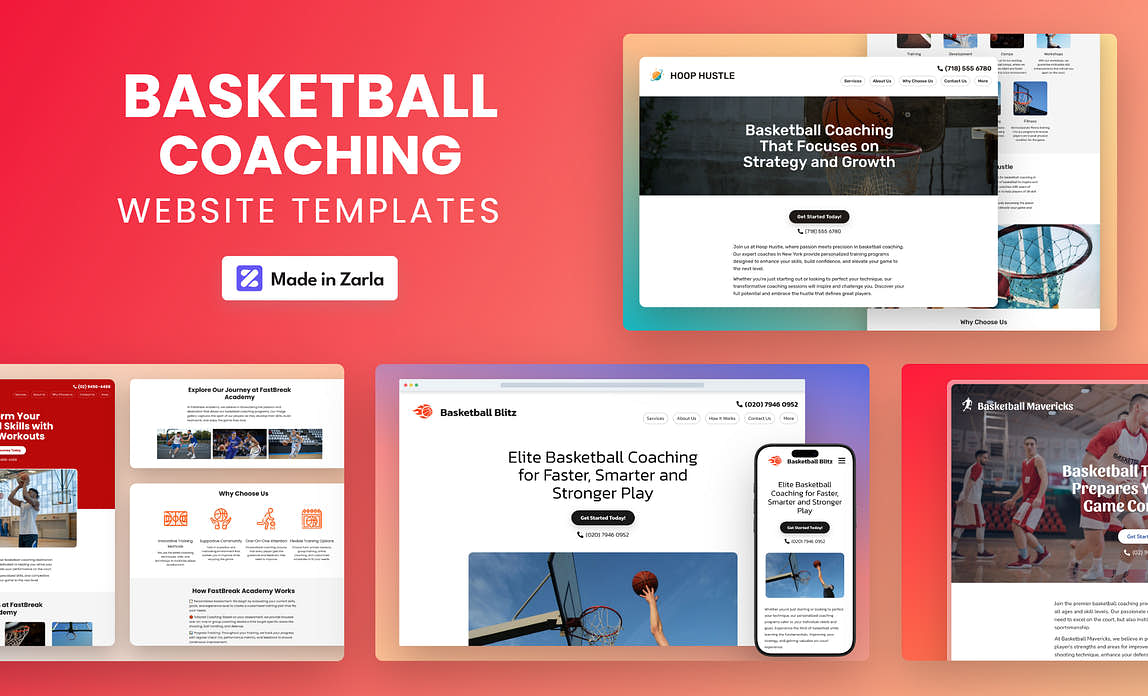 Collection of basketball website templates made with Zarla's AI website builder