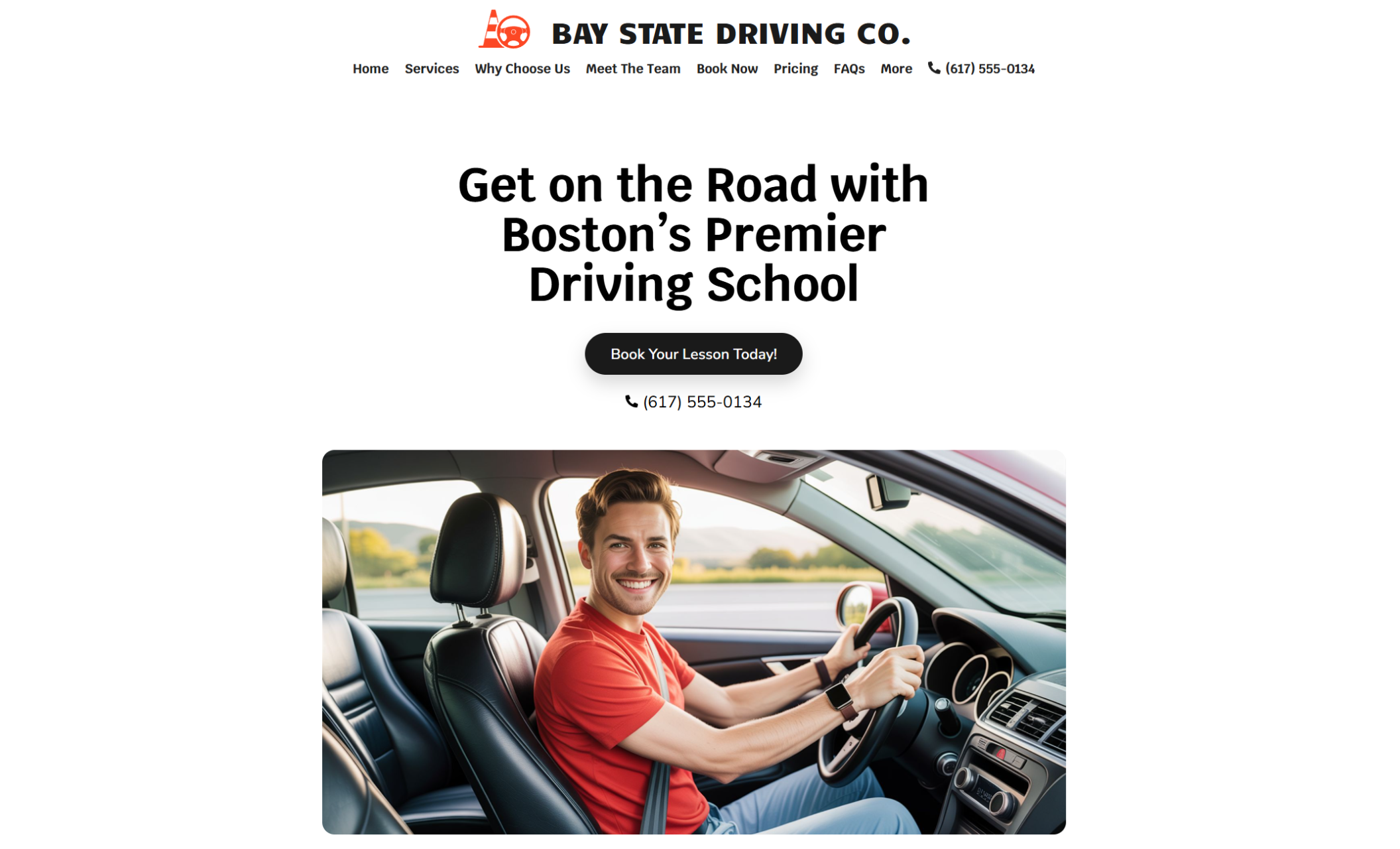 Bay State Driving Co. homepage featuring the headline “Get on the Road with Boston’s Premier Driving School” above a photo of a cheerful man in a red shirt behind the wheel and a black call-to-action button labeled “Book Your Lesson Today!”