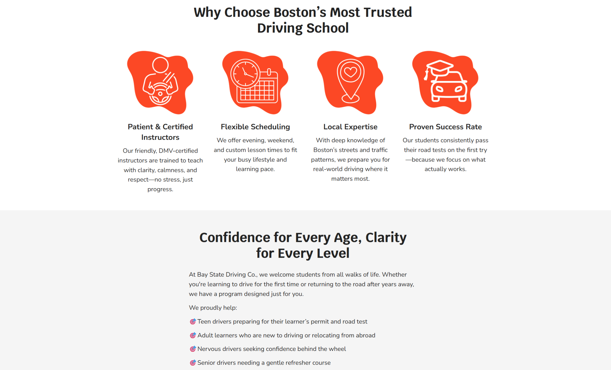 Bay State Driving Co. section titled “Why Choose Boston’s Most Trusted Driving School” with four orange icons representing certified instructors, flexible scheduling, local expertise, and a proven success rate, followed by text promoting support for drivers of all ages and experience levels