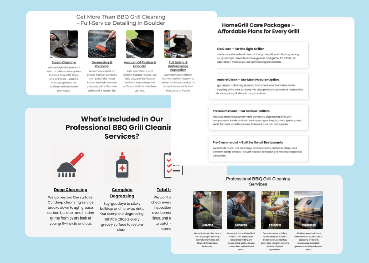 A collage of services section generated by Zarla showing different styles of service items, all having a picture, a title, and a brief description