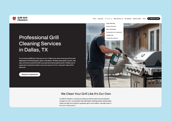 Spotless Touch landing page of a specific service titled 'Post Construction Cleaning' with a contact form on the side