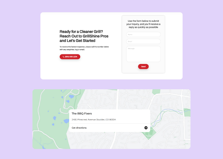 A screenshot of a header with navigation pills with contact number, a blue-colored primary button with contact number, and a 2D depiction of a map with a business address in the center