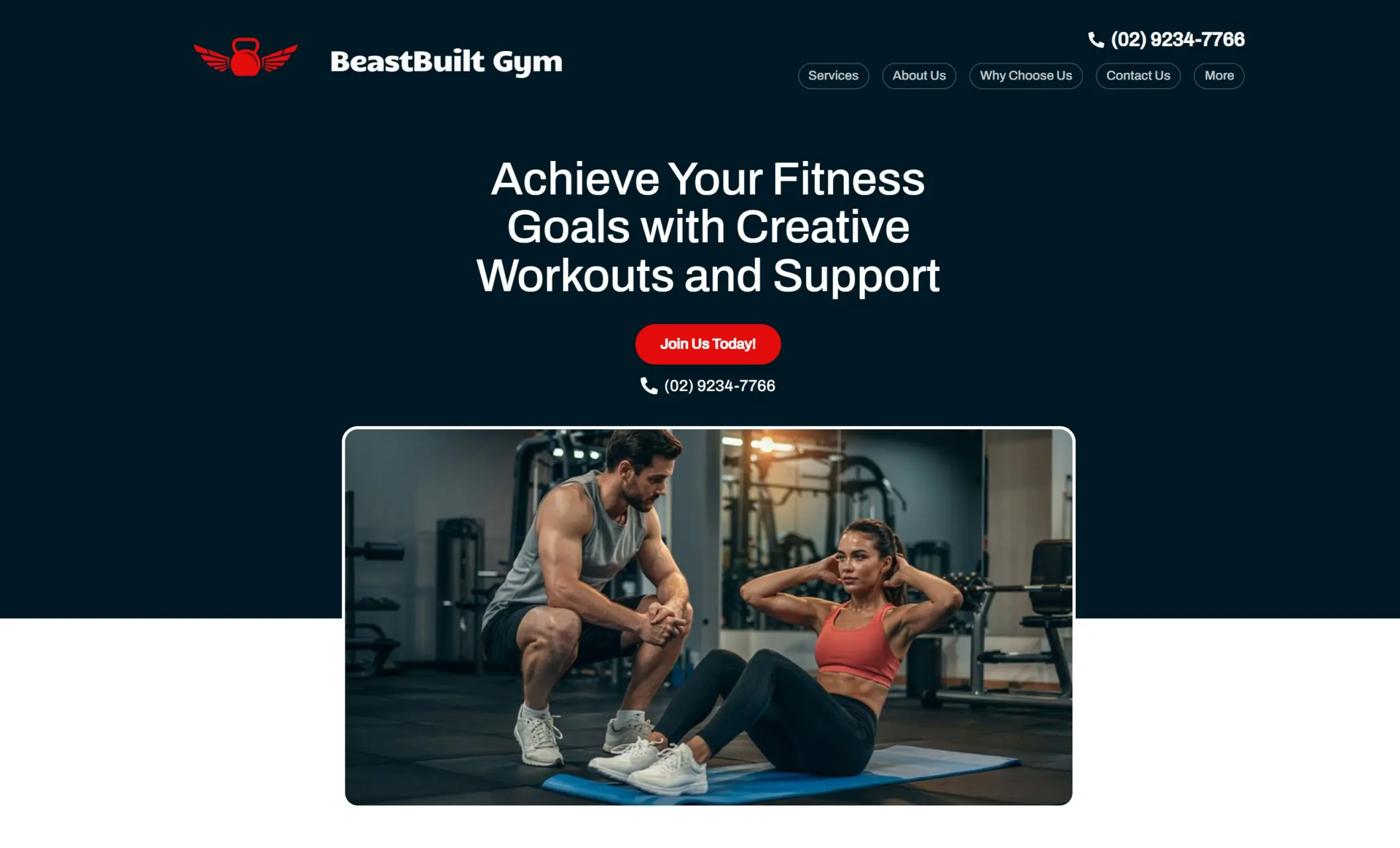 BeastBuilt Gym's homepage featuring the image of personal trainer guiding a woman, company branding, call-to-action button, and a phone number