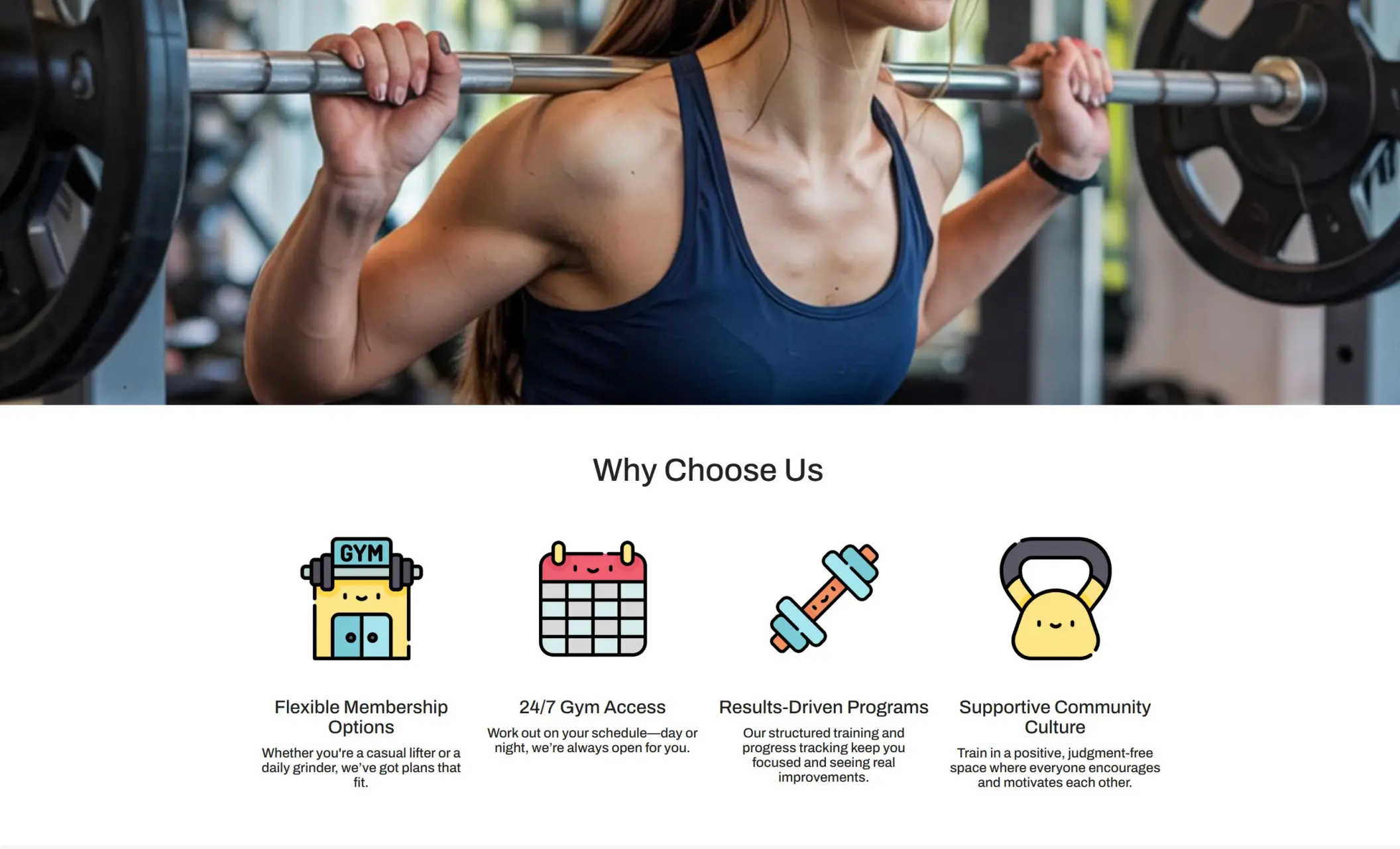 BeastBuilt Gym's website displaying the "Why Choose Us" section, and the image of a woman lifting weights