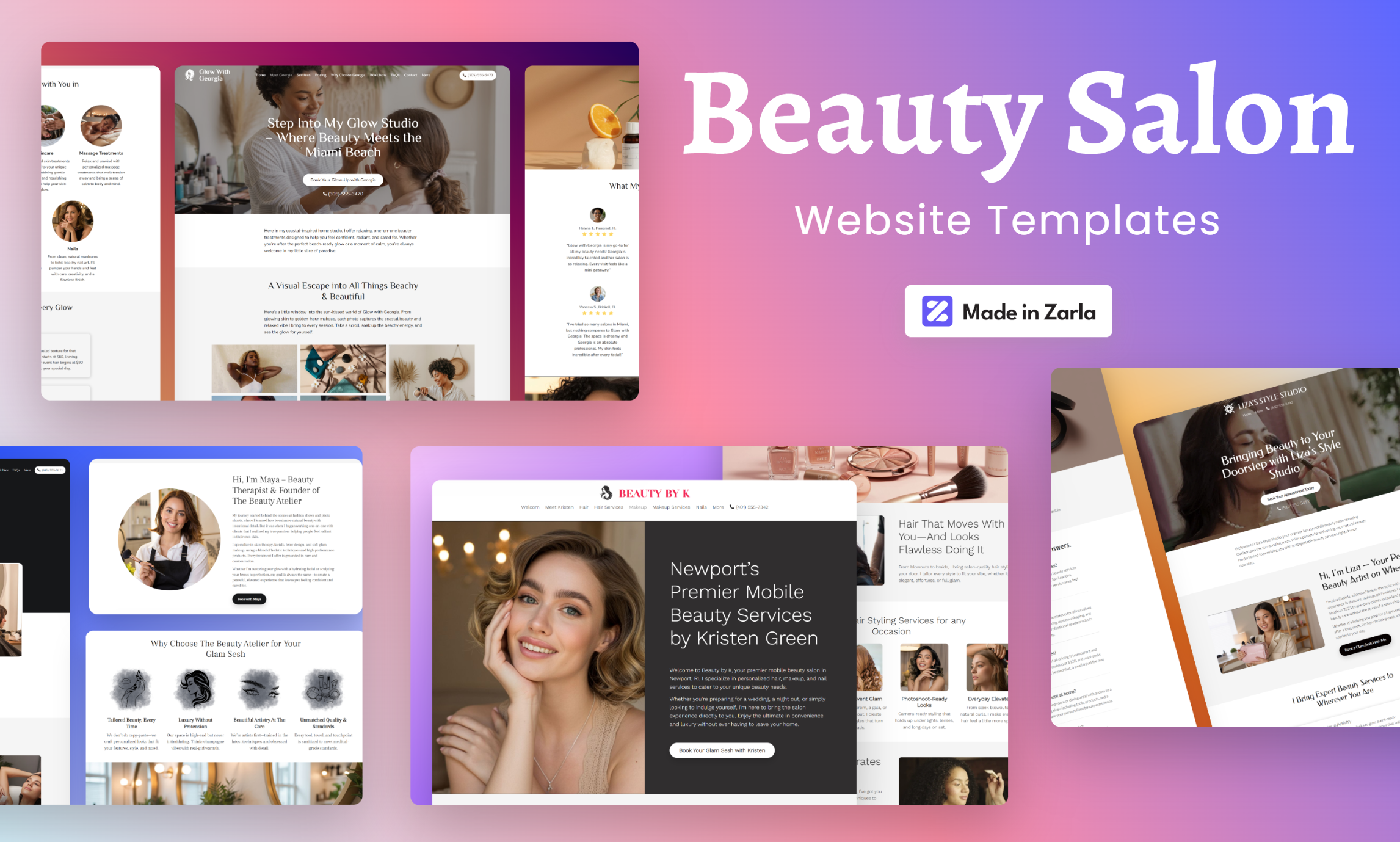 Collection of beauty salon website templates created with Zarla