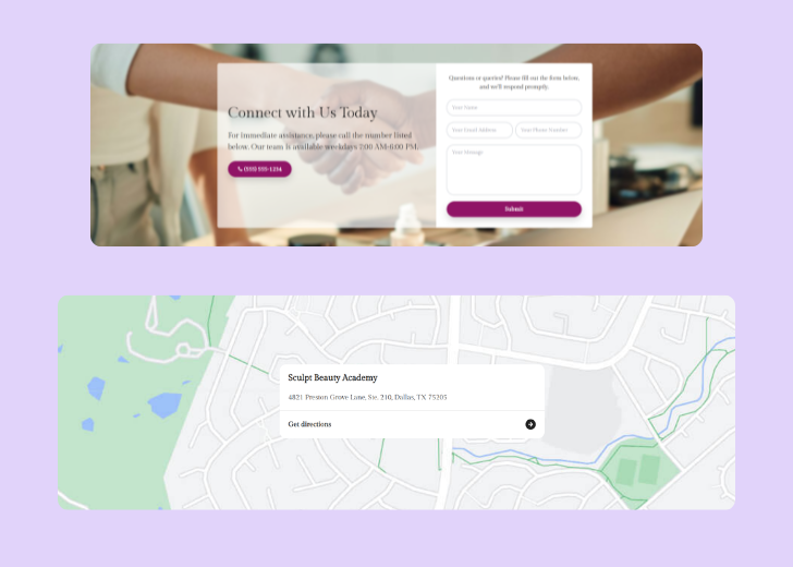 A screenshot of a header with navigation pills with contact number, a blue-colored primary button with contact number, and a 2D depiction of a map with a business address in the center