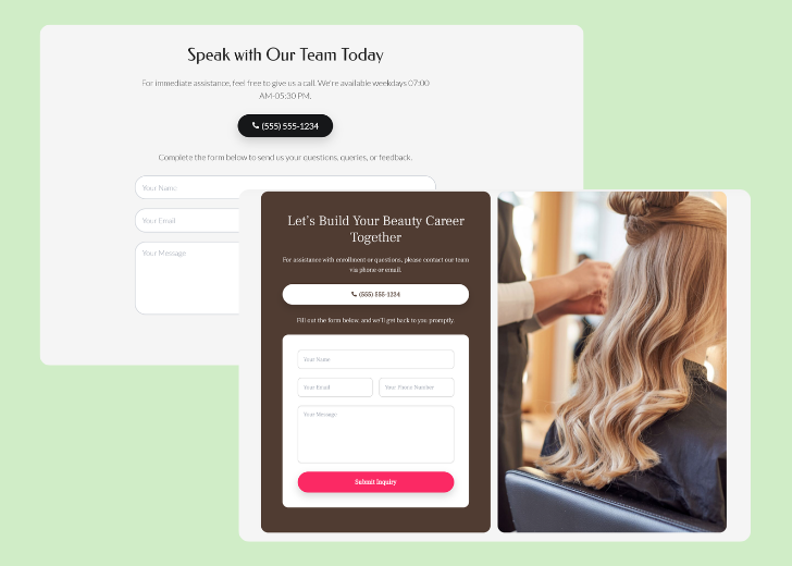Screenshot of a contact form titled 'Get in touch' with a blue-colored primary button with a contact number, with input fields for Name, Email, and Message