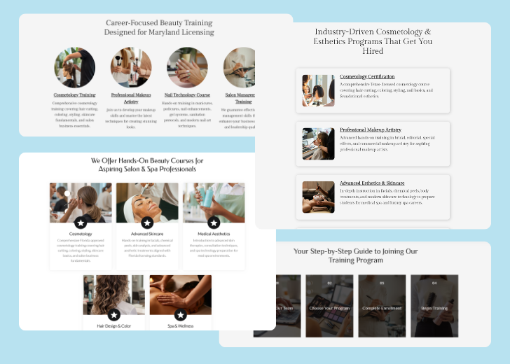 A collage of services section generated by Zarla showing different styles of service items, all having a picture, a title, and a brief description