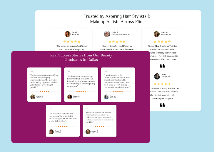 A collage of reviews section generated by Zarla showing different styles of testimonials
