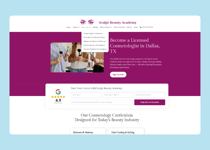 Spotless Touch landing page of a specific service titled 'Post Construction Cleaning' with a contact form on the side