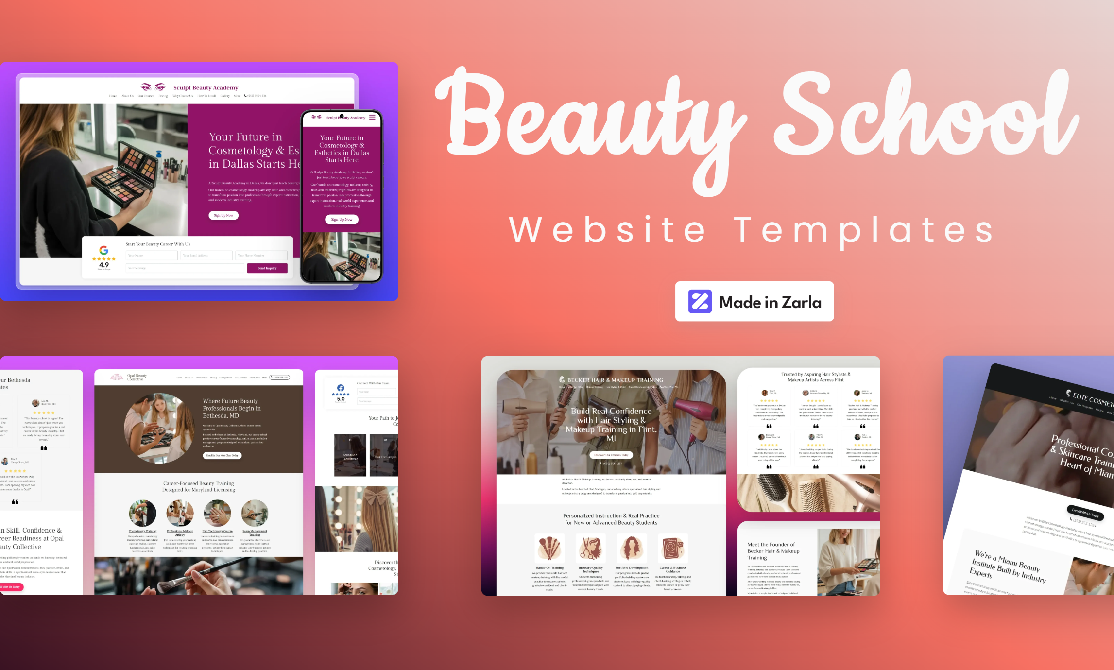 Collection of beauty school website templates created with Zarla