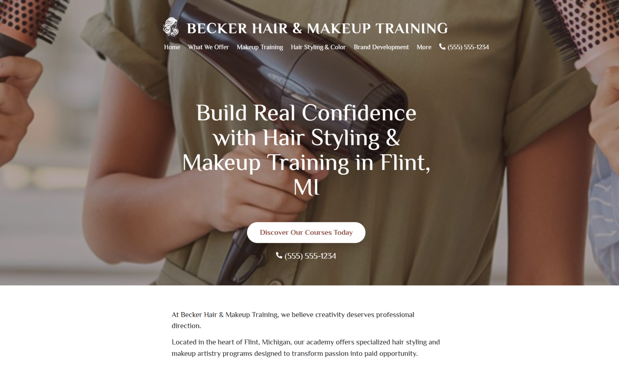 Becker Hair & Makeup Training homepage showing two students holding blow dryers and round brushes beside the headline “Build Real Confidence with Hair Styling & Makeup Training in Flint, MI” and a “Discover Our Courses Today” button