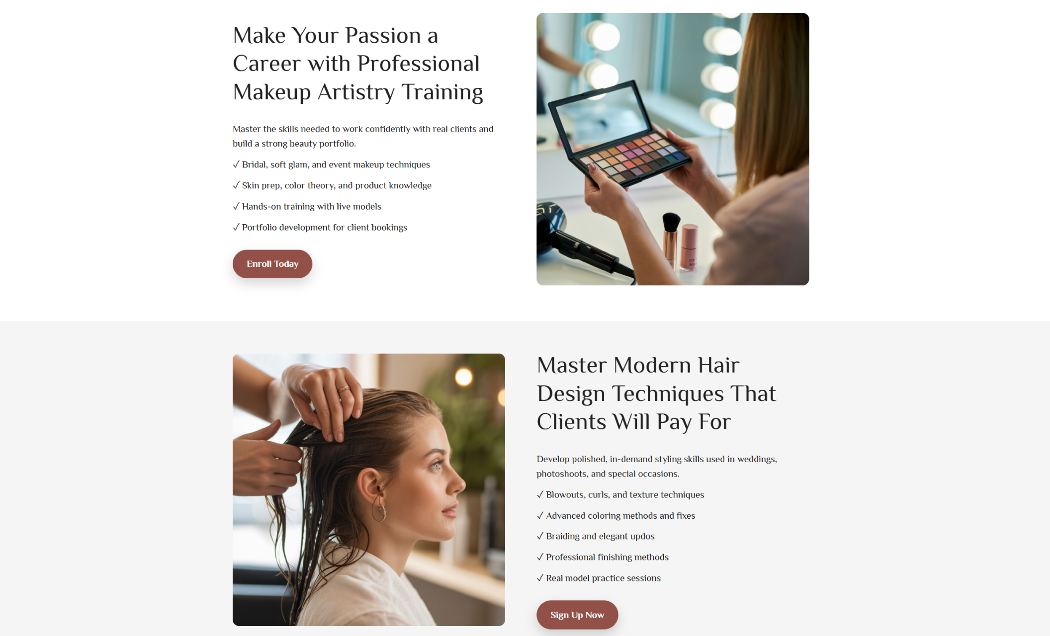 Becker Hair & Makeup Training makeup artistry section displaying a student holding an open eyeshadow palette under vanity lights beside the headline “Make Your Passion a Career with Professional Makeup Artistry Training” and an “Enroll Today” button