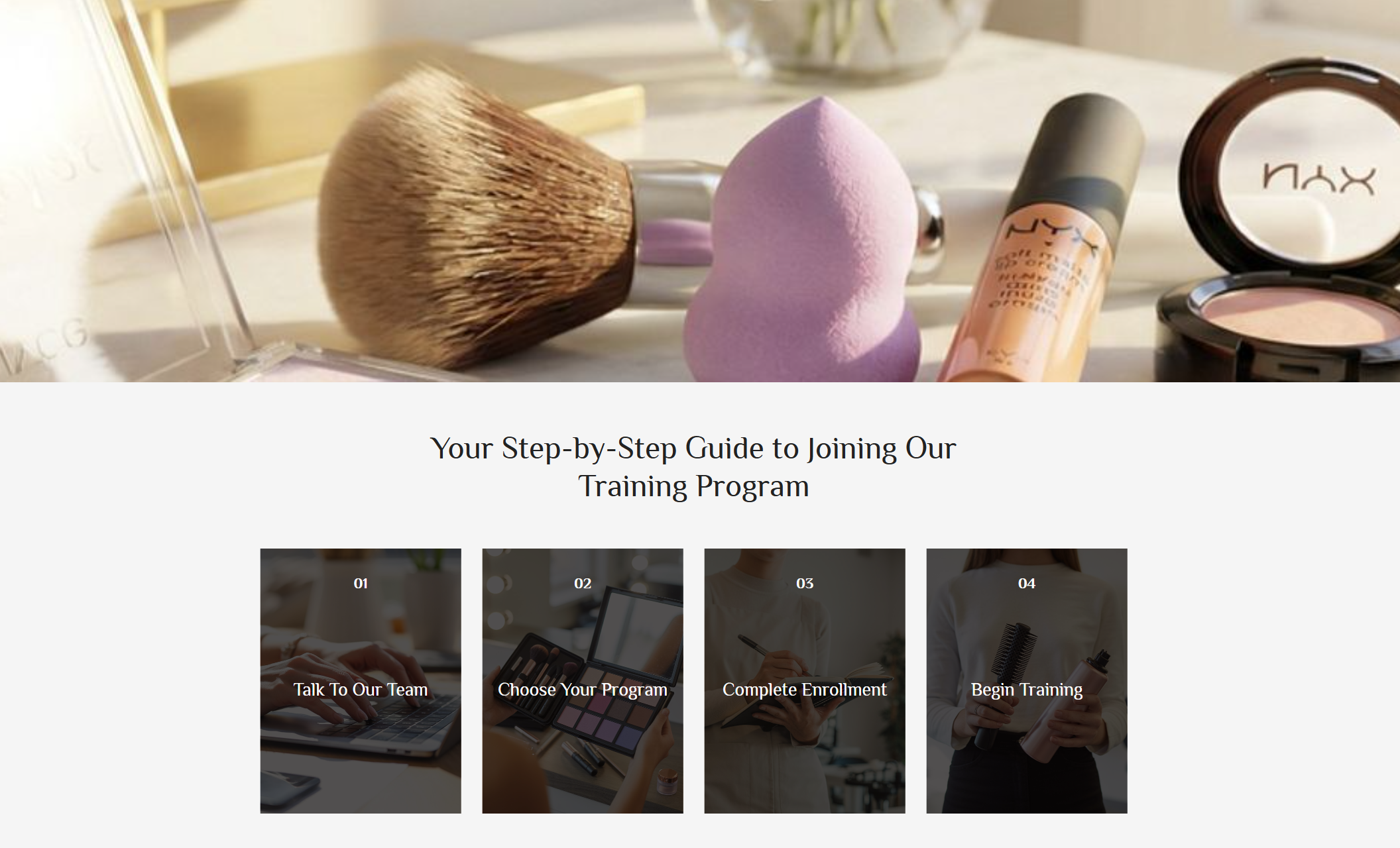 Becker Hair & Makeup Training enrollment section titled “Your Step-by-Step Guide to Joining Our Training Program,” featuring four columns labeled Talk To Our Team, Choose Your Program, Complete Enrollment, and Begin Training