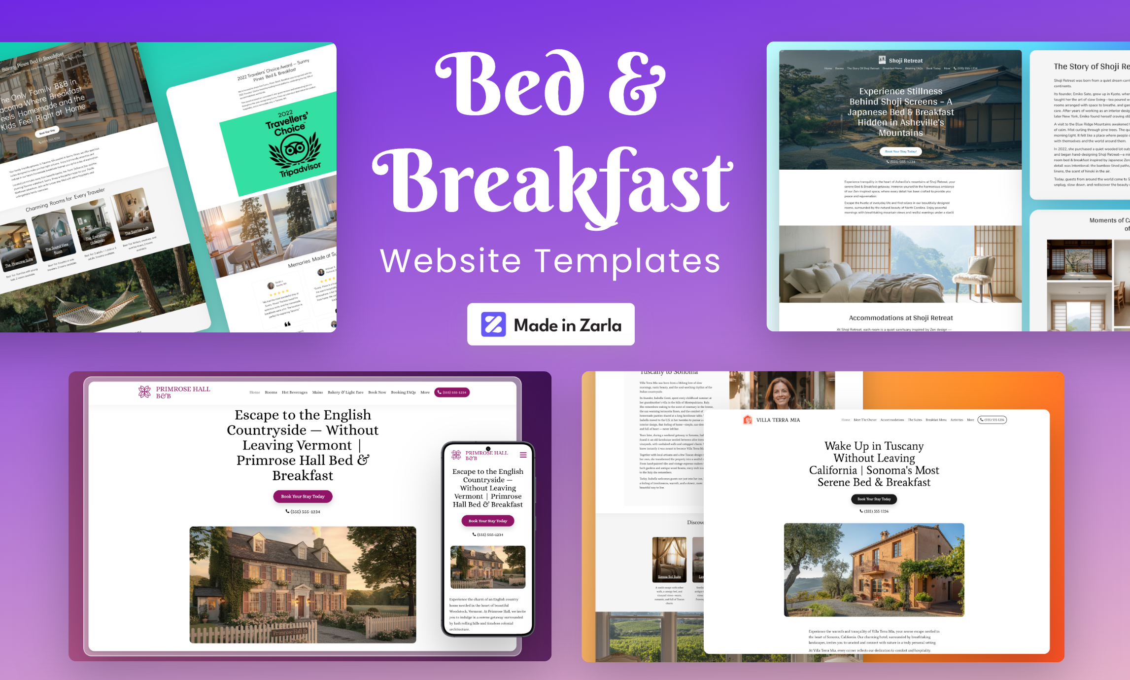 Collection of bed & breakfast website templates created with Zarla
