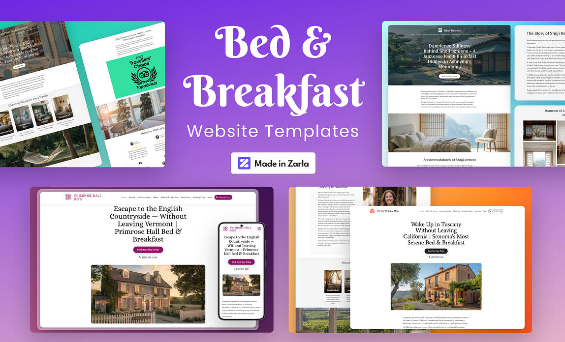 Collection of bed & breakfast website templates created with Zarla