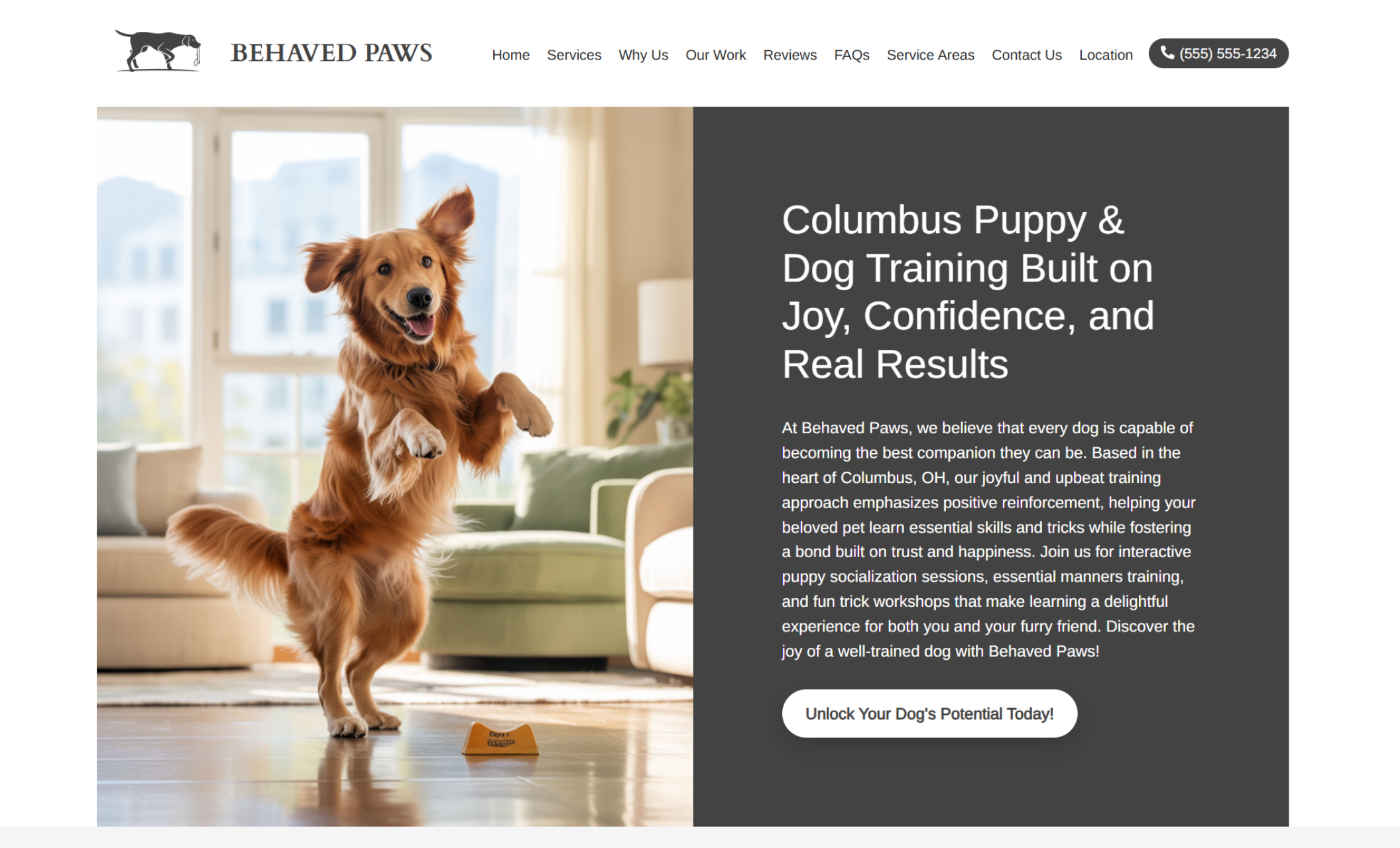 Behaved Paws homepage hero featuring a joyful golden retriever mid-jump in a bright living room, beside the headline “Columbus Puppy & Dog Training Built on Joy, Confidence, and Real Results” and a white button that says “Unlock Your Dog’s Potential Today!”