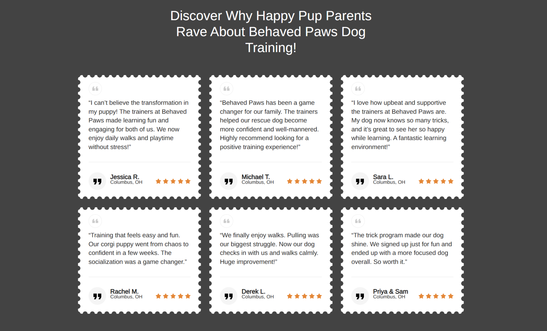 Behaved Paws review section featuring six customer testimonial cards with star ratings and quotes from Columbus, OH dog owners, displayed under the headline “Discover Why Happy Pup Parents Rave About Behaved Paws Dog Training!”