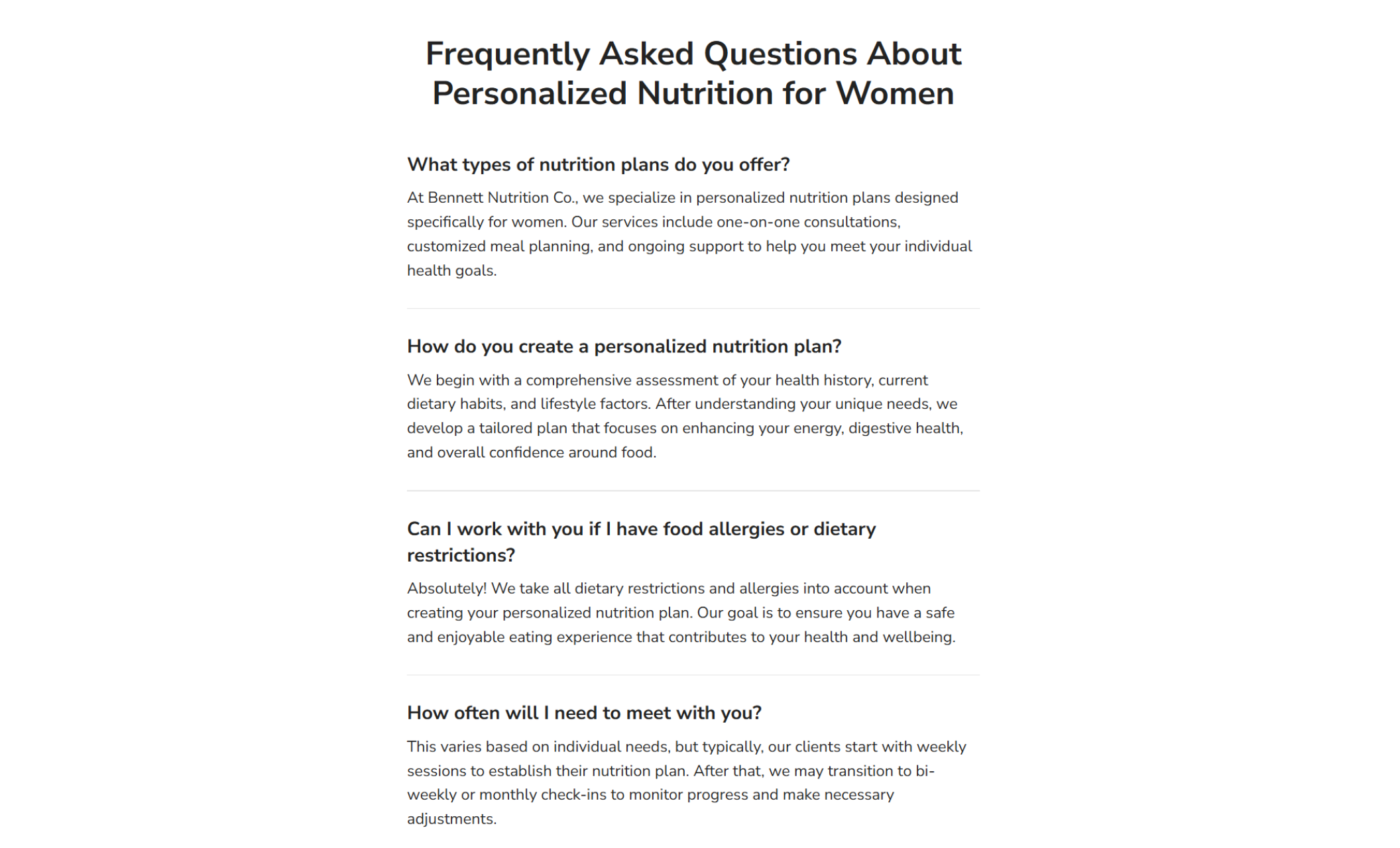 Bennett Nutrition Co. FAQ page titled “Frequently Asked Questions About Personalized Nutrition for Women,” featuring expanded Q&A sections about nutrition plans, creating a personalized plan, food allergies, and how often clients meet with a nutritionist