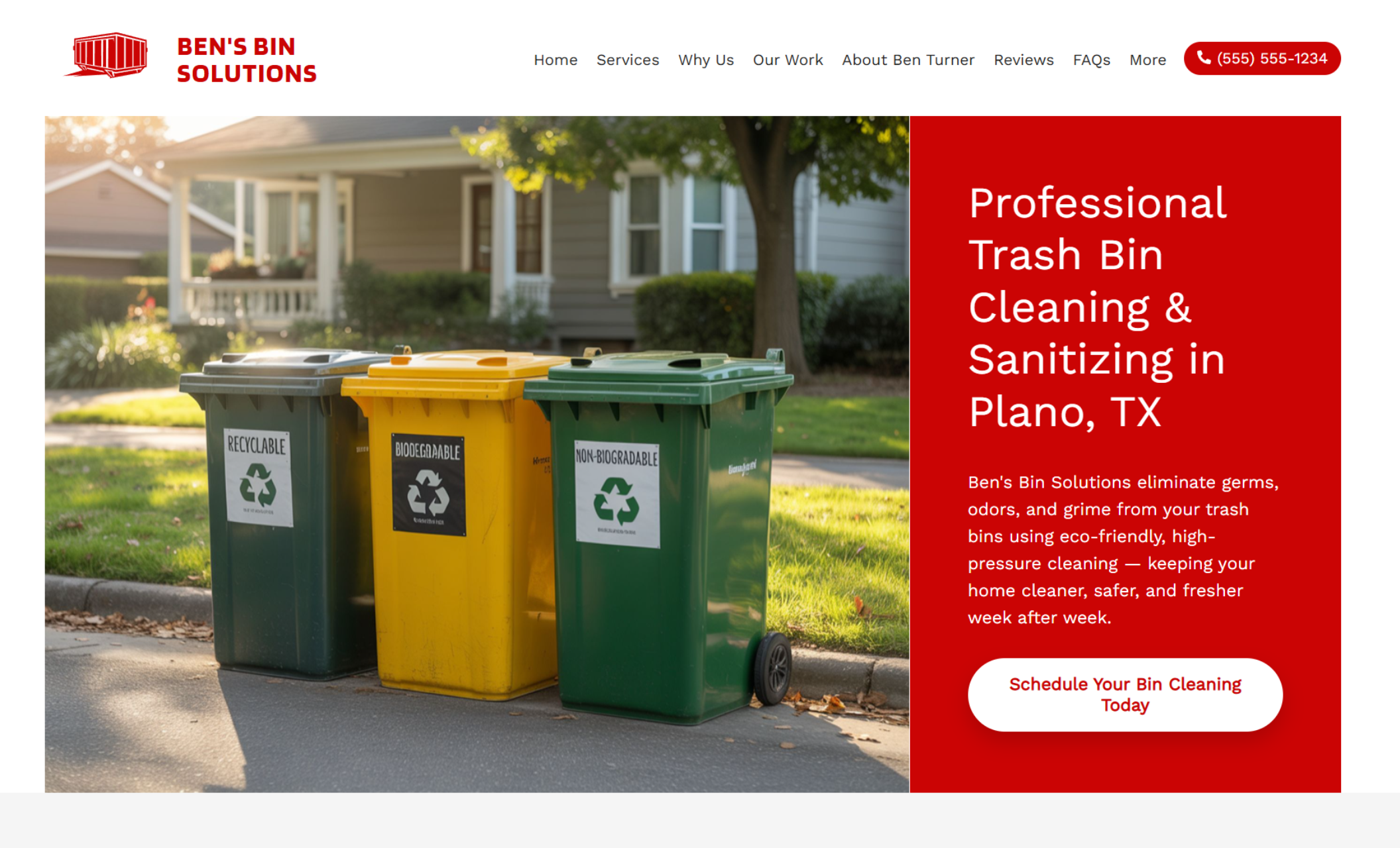 Homepage of Ben’s Bin Solutions featuring green, yellow, and dark green recycling bins on a quiet suburban street beside the headline “Professional Trash Bin Cleaning & Sanitizing in Plano, TX” and a red button that says “Schedule Your Bin Cleaning Today.”