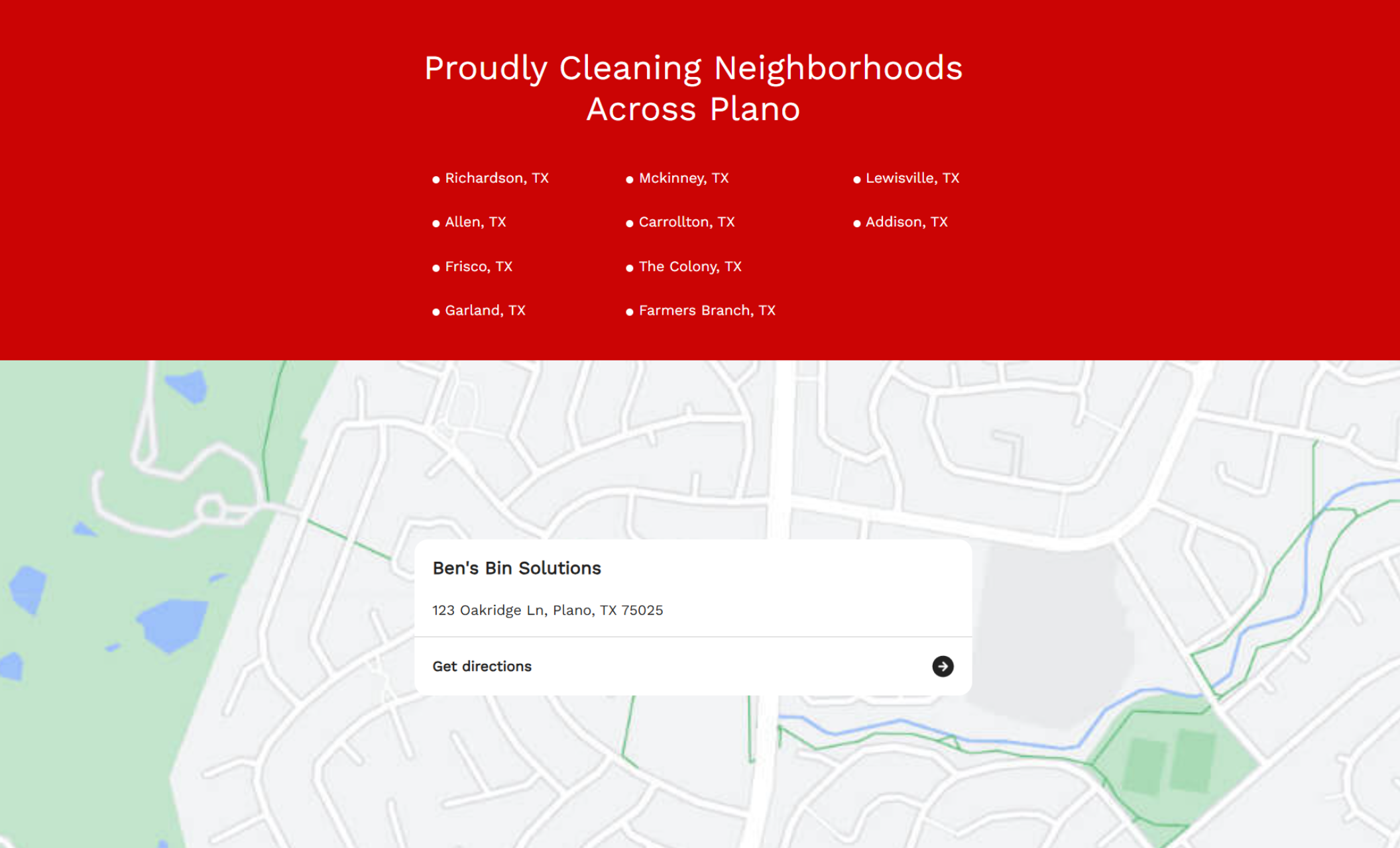 Service area map for Ben’s Bin Solutions displaying a Plano, Texas neighborhood map under a red banner that lists nearby cities served, including Richardson, Allen, and Frisco