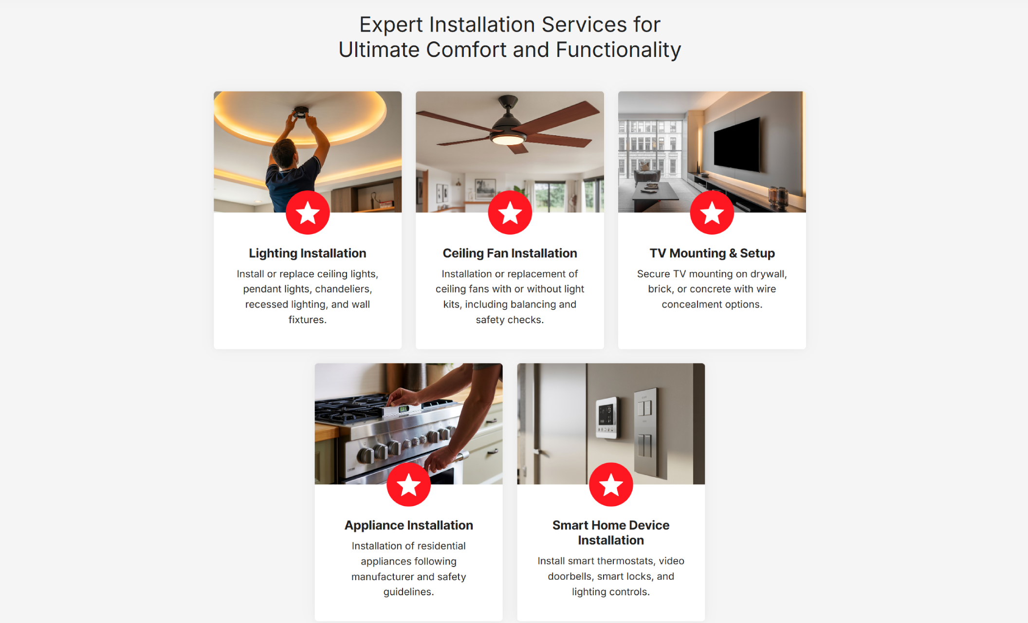 Ben’s Home Upgrade & Install services section featuring the headline “Expert Installation Services for Ultimate Comfort and Functionality” above service cards for lighting installation, ceiling fan installation, TV mounting & setup, appliance installation, and smart home device installation
