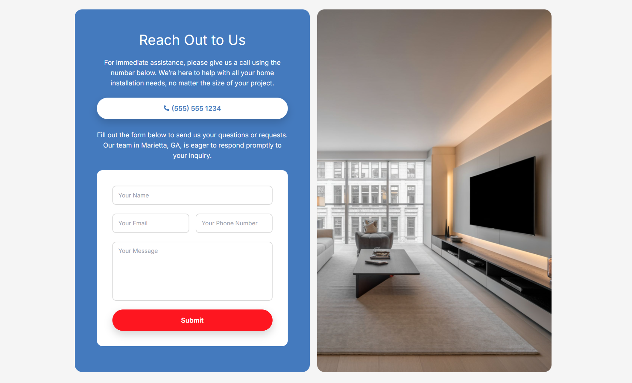 Ben’s Home Upgrade & Install contact section featuring a blue panel titled “Reach Out to Us” with a phone number button, a contact form, and a red “Submit” button beside a modern living room with a wall-mounted TV