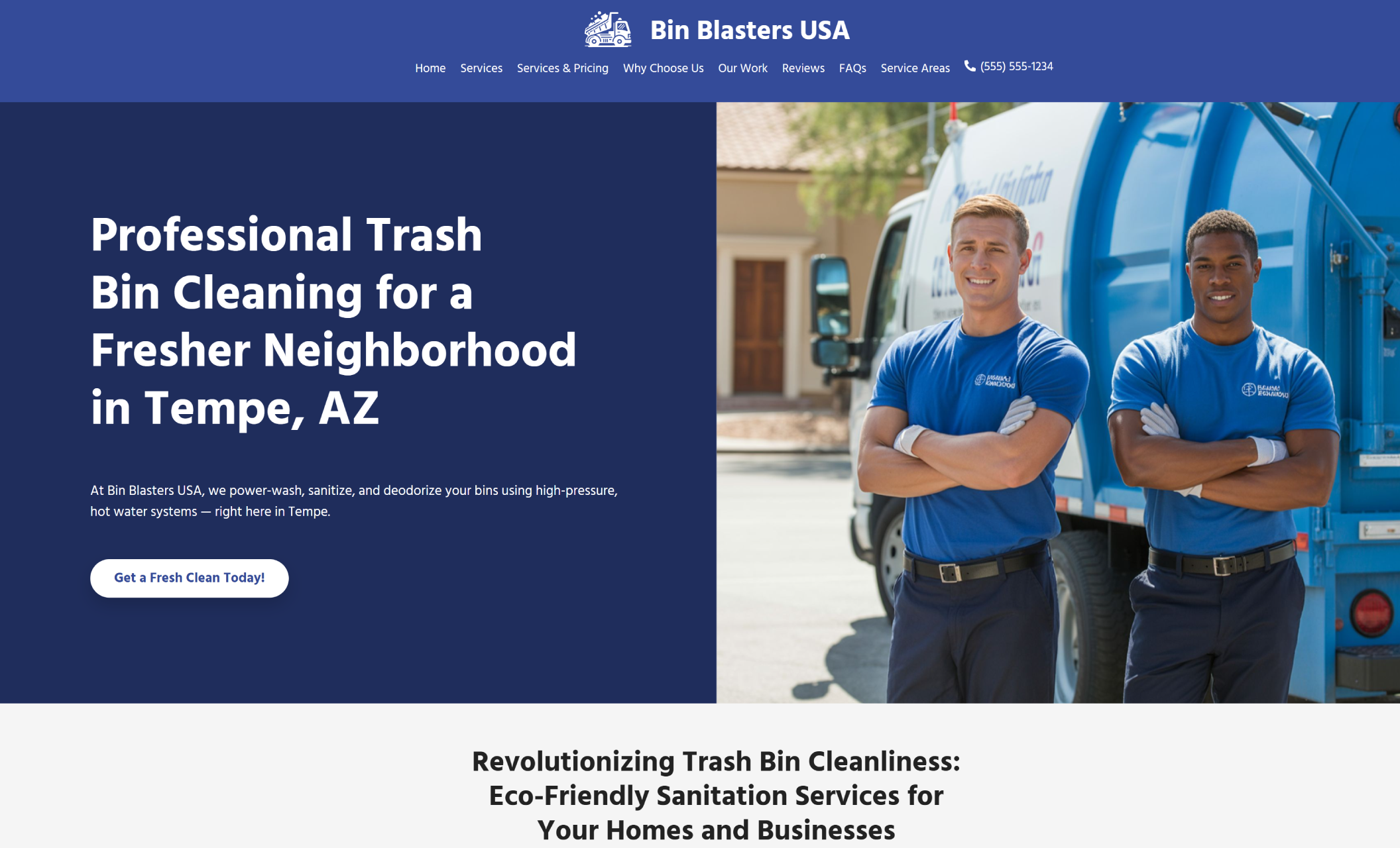 Homepage of Bin Blasters USA showing two smiling technicians in matching blue uniforms standing confidently beside a blue sanitation truck, next to the headline “Professional Trash Bin Cleaning for a Fresher Neighborhood in Tempe, AZ.”
