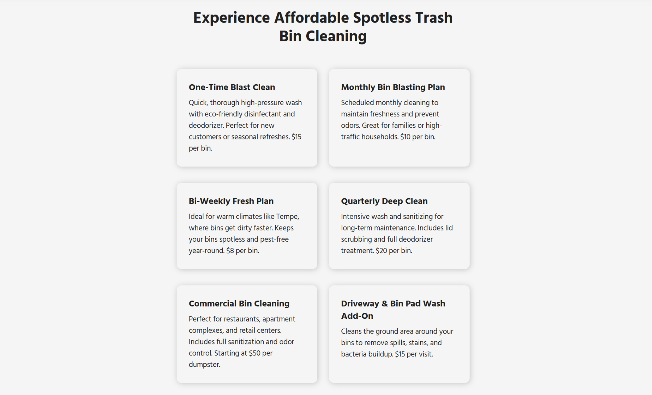 Service plan section for Bin Blasters USA with six white boxes outlining cleaning options like “One-Time Blast Clean” and “Monthly Bin Blasting Plan,” each described with pricing and eco-friendly benefits