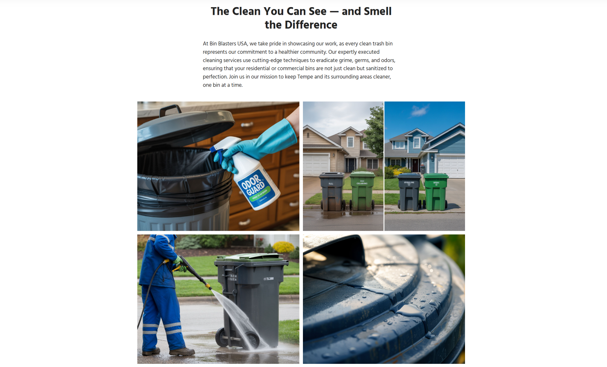 Gallery section for Bin Blasters USA titled “The Clean You Can See — and Smell the Difference,” featuring a collage of four images showing bins being sprayed, deodorized, and freshly washed in sunny suburban neighborhoods
