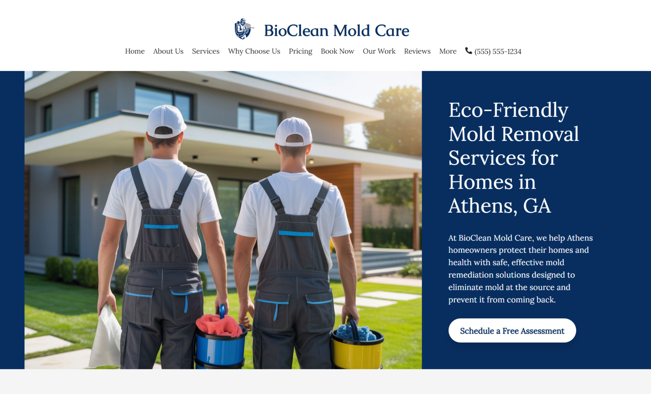 BioClean Mold Care homepage hero showing two technicians walking toward a modern home beside the headline “Eco-Friendly Mold Removal Services for Homes in Athens, GA” and a “Schedule a Free Assessment” button