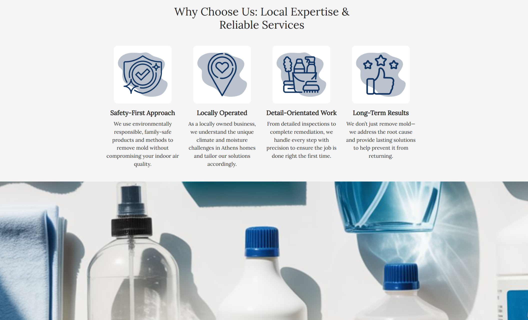 BioClean Mold Care “Why Choose Us” section featuring four illustrated icons labeled Safety-First Approach, Locally Operated, Detail-Oriented Work, and Long-Term Results with short descriptive text