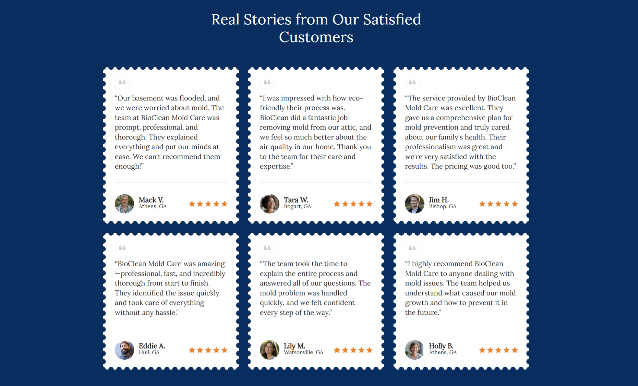 BioClean Mold Care testimonials section displaying six customer reviews with star ratings, profile images, and the headline “Real Stories from Our Satisfied Customers” on a dark blue background