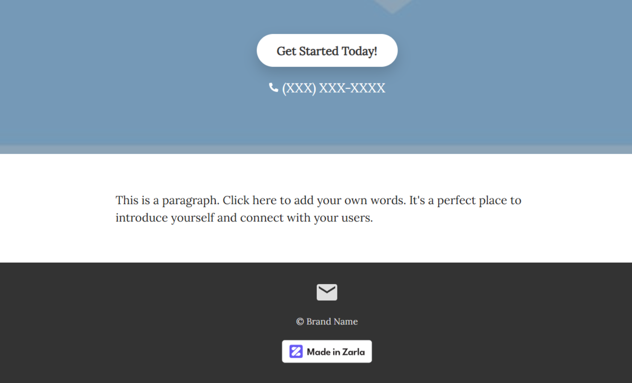 Bottom of homepage featuring a centered contact icon, brand name, and a prominent “Made in Zarla” badge over a black footer bar.