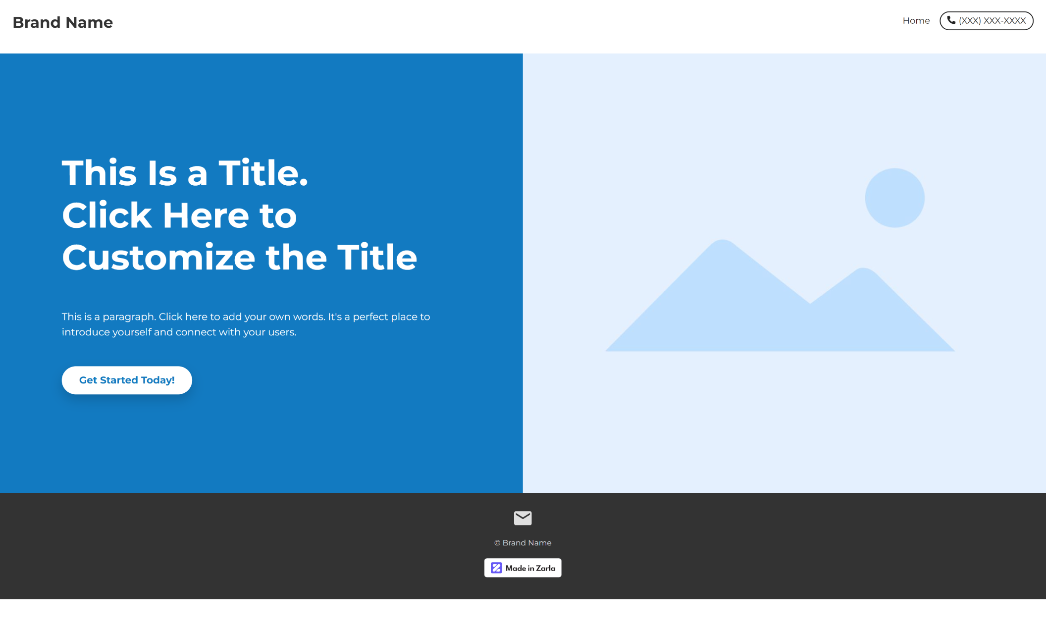 Homepage with a full-width layout and large pale blue image section on the right, next to a bold blue sidebar designed to hold navigation and brand visuals.