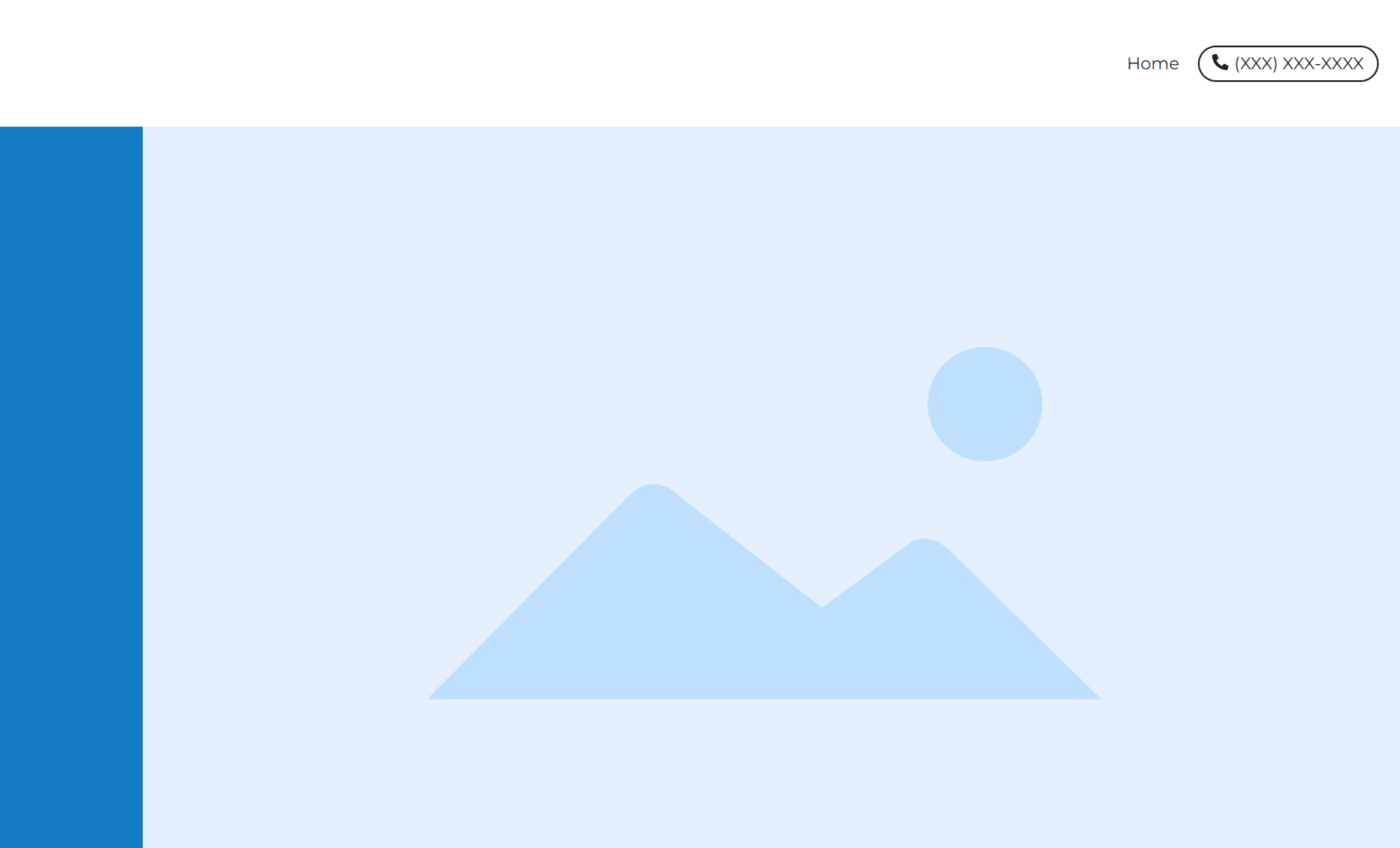 Split-screen layout featuring a call-to-action headline and white button on a deep blue background on the left, and a pale image placeholder on the right under a clean navigation bar.