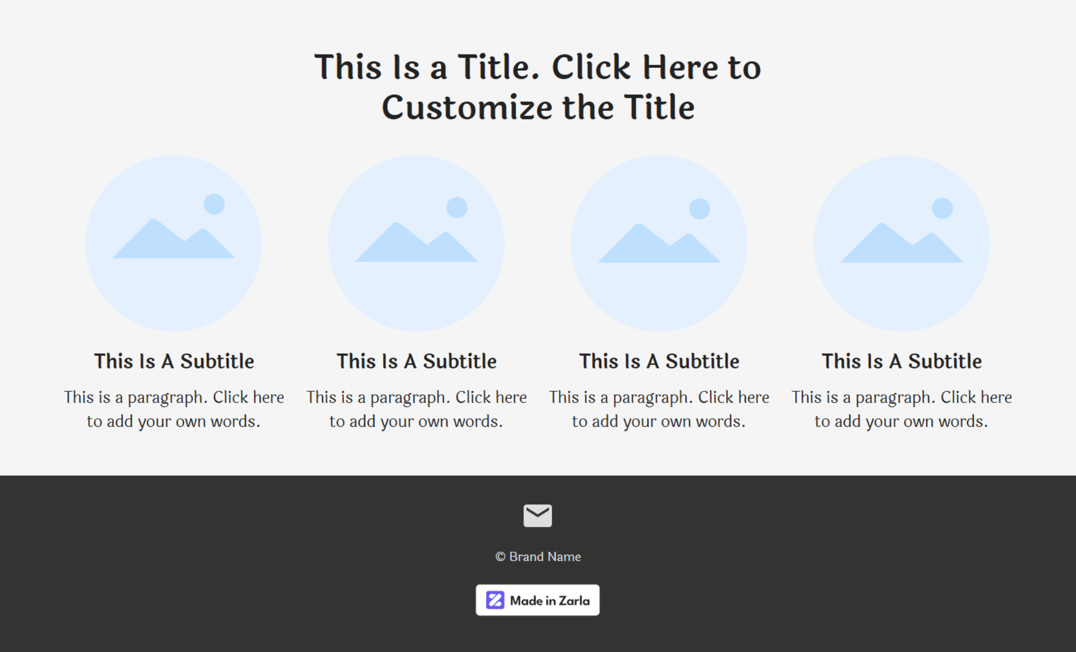 Grid layout showcasing four circular image icons with placeholder subtitles and descriptions, arranged in a row beneath a bold customizable title, over a clean white background.