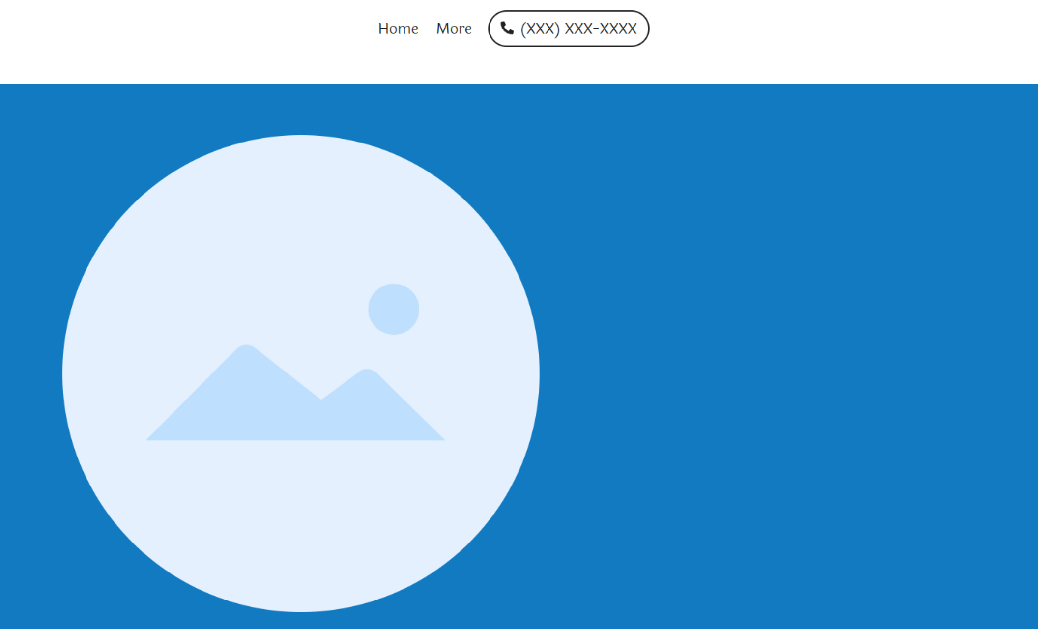 Circular image section set against a vibrant blue background, with a simplified photo icon and a white navigation bar above showing "Home," "More," and a clickable phone number.
