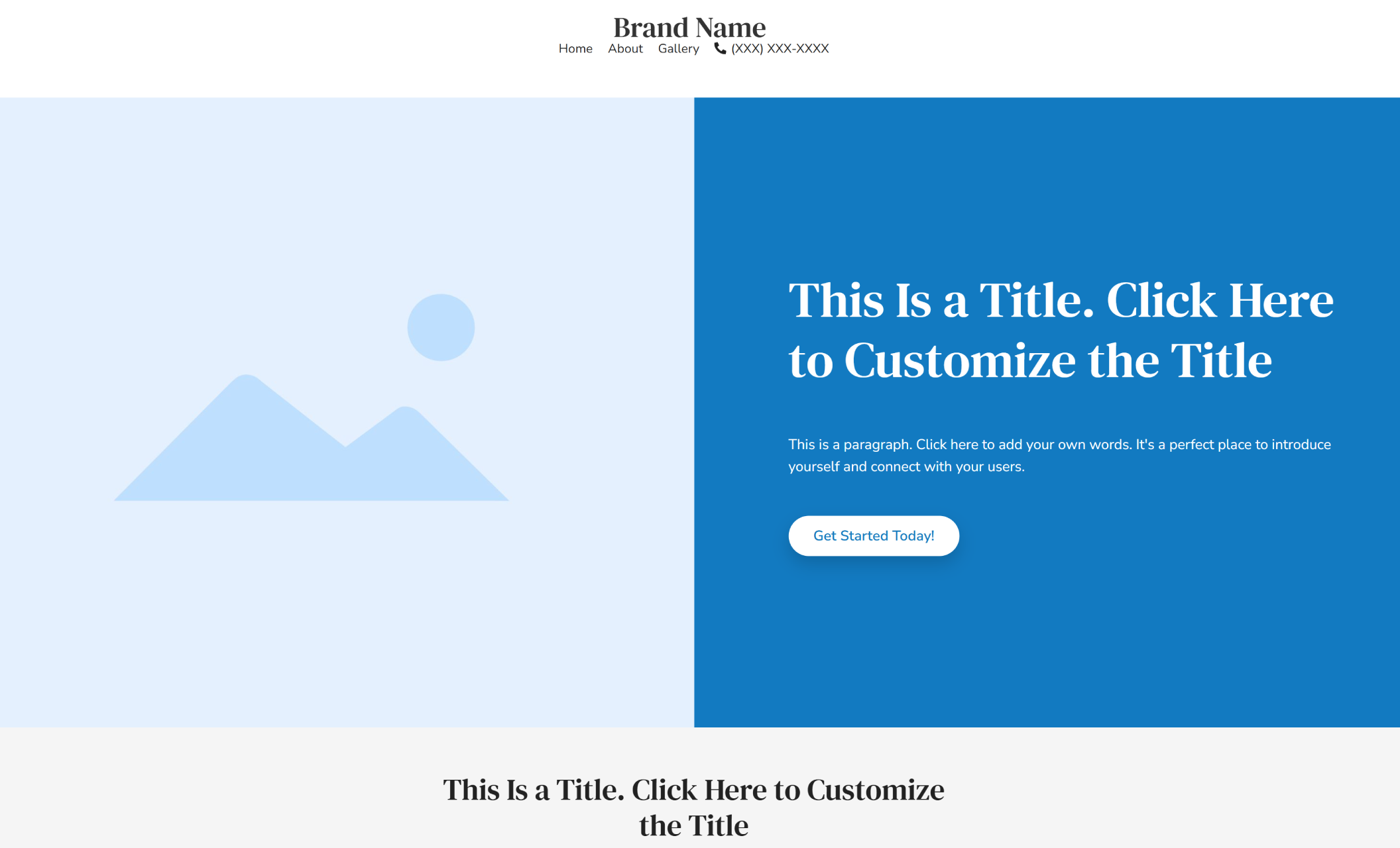 Homepage hero layout featuring a split screen design with a left-aligned photo area and right-aligned call-to-action zone including a paragraph, headline, and large blue button.