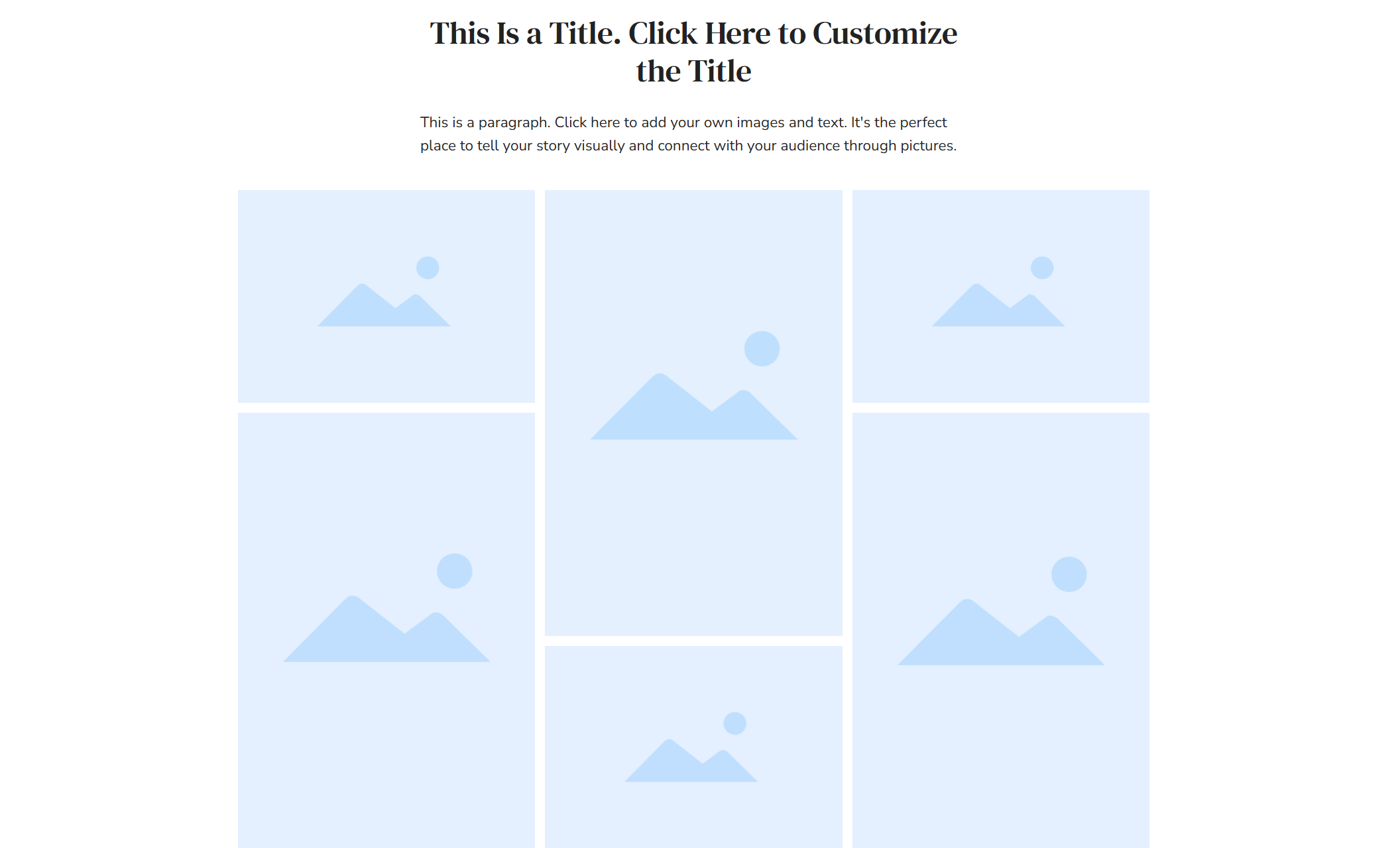 Bottom section of a website showing a horizontal split with blue and white sections above a light beige panel containing a customizable heading and descriptive paragraph repeated for emphasis.