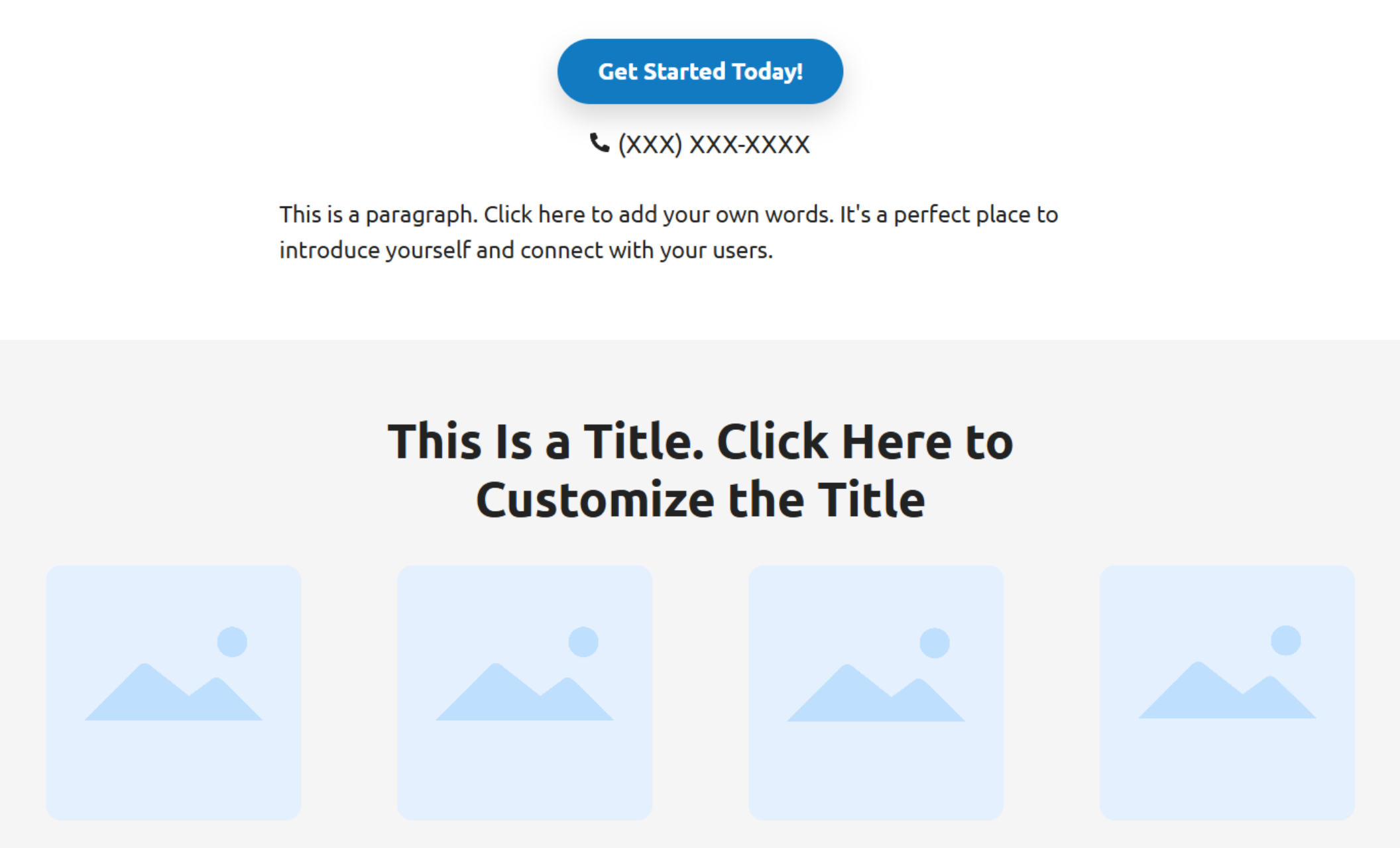 Top section of a homepage with a soft blue mountain background, bold white customizable title, and bright blue button encouraging users to get started, followed by another title and service image layout.