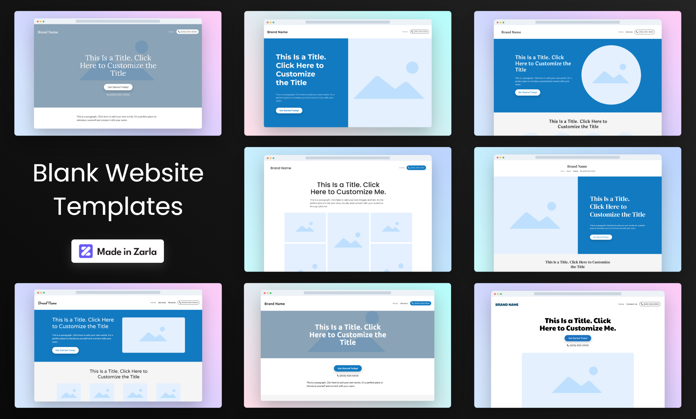 Collection of blank website templates created with Zarla