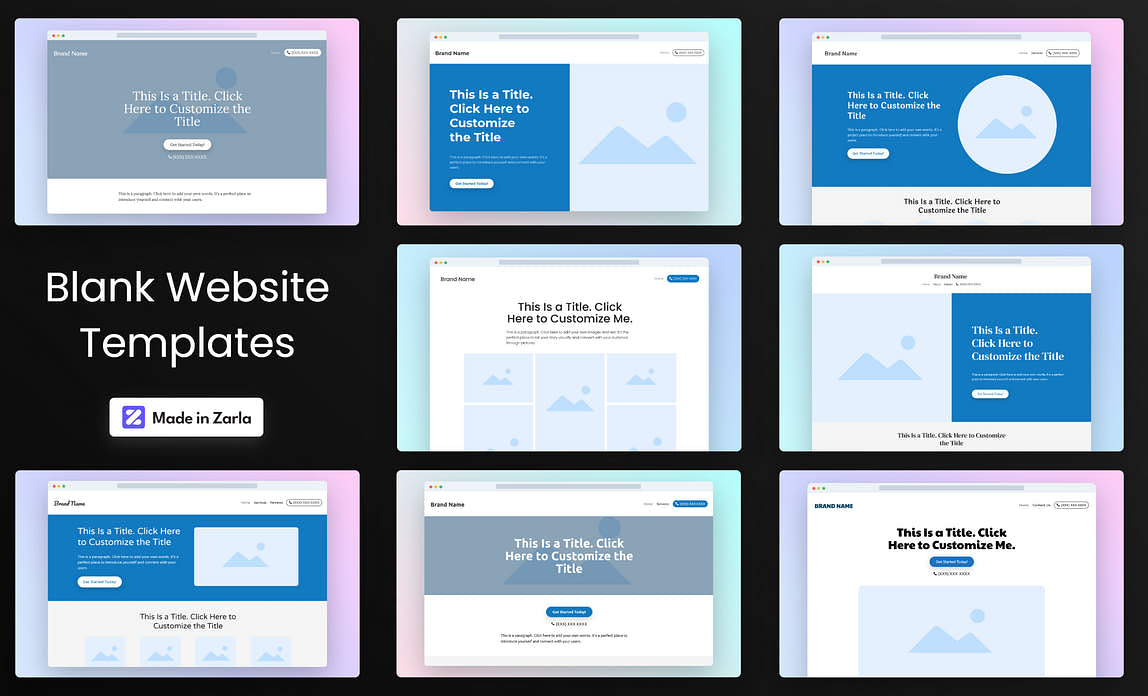 Collection of blank website templates created with Zarla