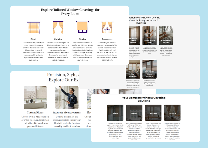 A collage of services section generated by Zarla showing different styles of service items, all having a picture, a title, and a brief description