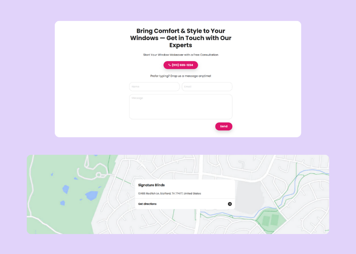 A screenshot of a header with navigation pills with contact number, a blue-colored primary button with contact number, and a 2D depiction of a map with a business address in the center
