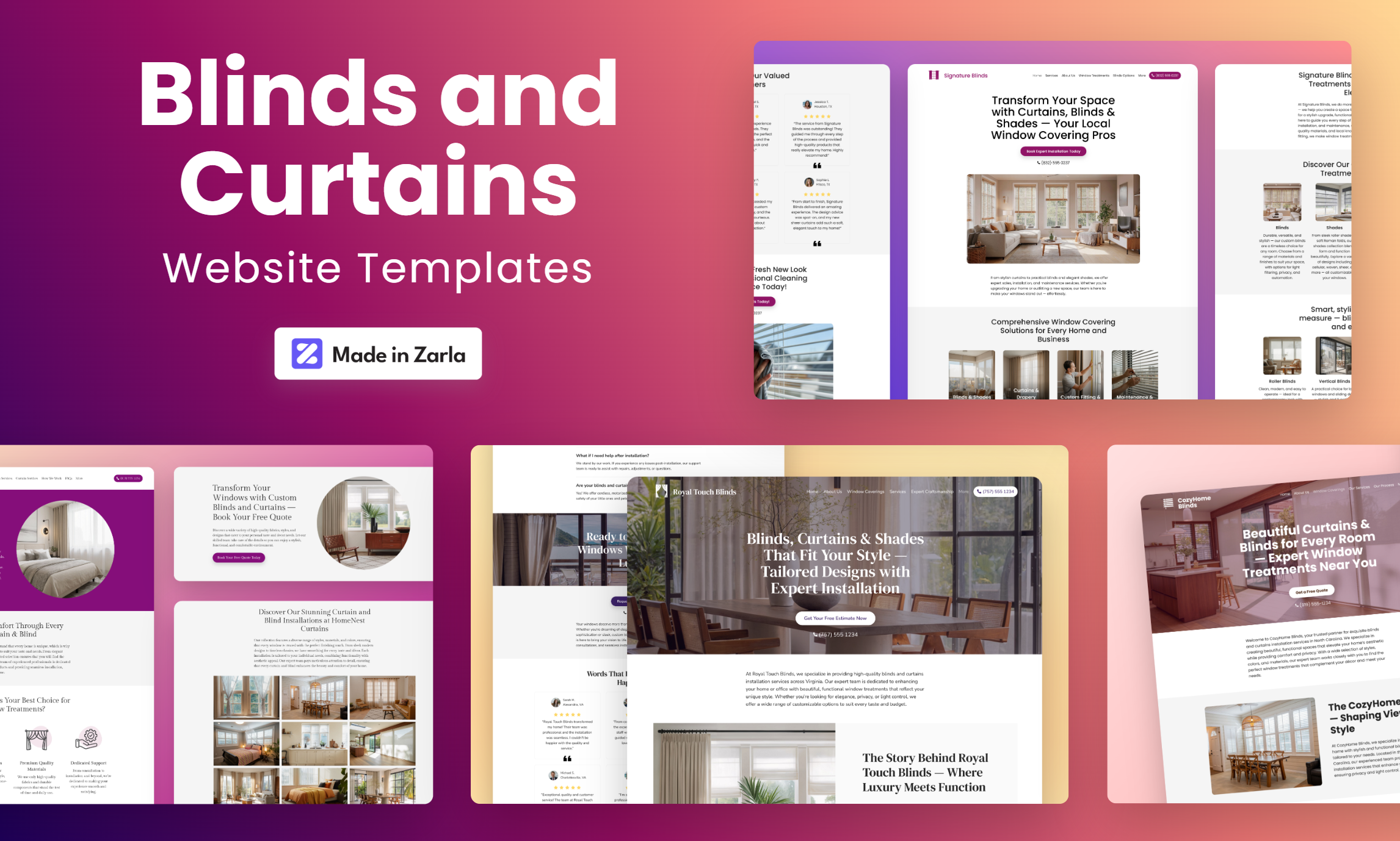 Collection of blinds and curtains website templates created with Zarla